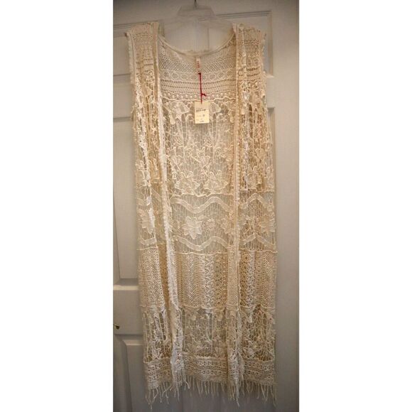 Raga x Anthropologie Women's Sz S Beige Open Front Sleeveless Crochet Cardigan - Picture 1 of 11